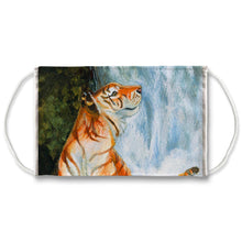 Load image into Gallery viewer, A reusable face mask features a tiger looking up, in front of a waterfall. Art is from the Empress card from the Animism Tarot

