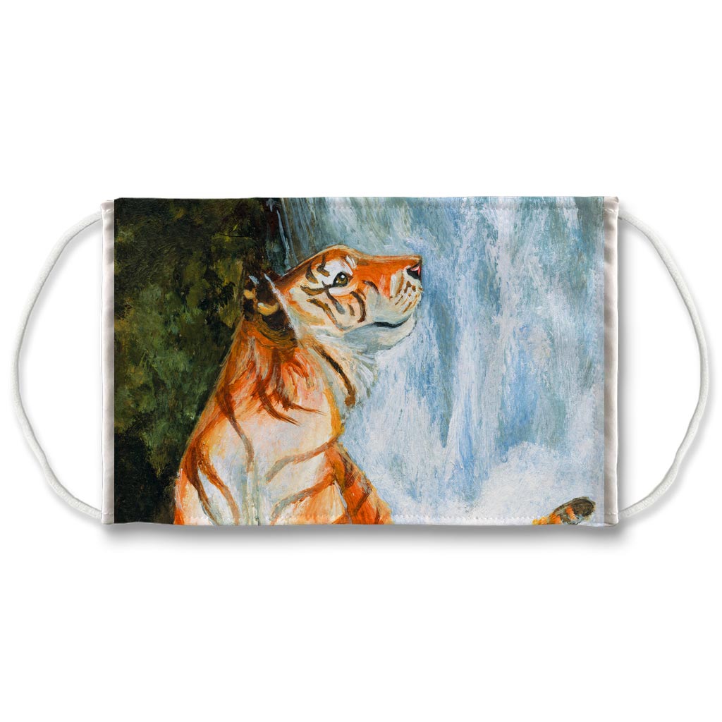 A reusable face mask features a tiger looking up, in front of a waterfall. Art is from the Empress card from the Animism Tarot