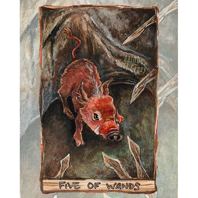 an art print of the five of wands from the animism tarot, featuring a wild boar defending itself from five spears.