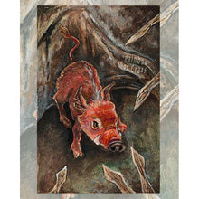 Load image into Gallery viewer, an art print of the five of wands from the animism tarot, featuring a wild boar defending itself from five spears.
