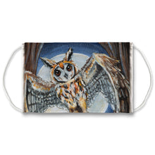 Load image into Gallery viewer, A reusable face mask featuring art of an owl flying in front of a full moon. Art is from the High Priestess card in the Animism Tarot
