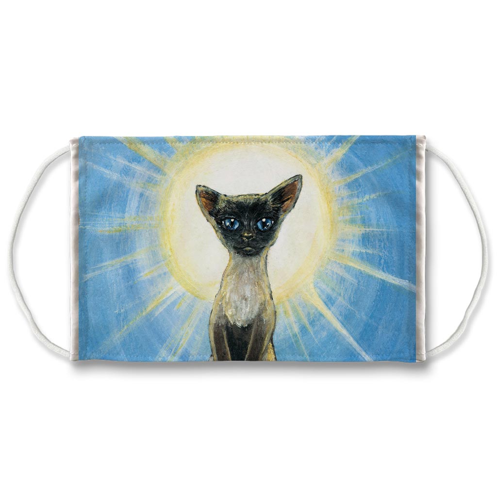 A white reusable face mask, printed with a painting of a Siamese cat standing in front of the sun. Art is from the Judgment card from the Animism Tarot
