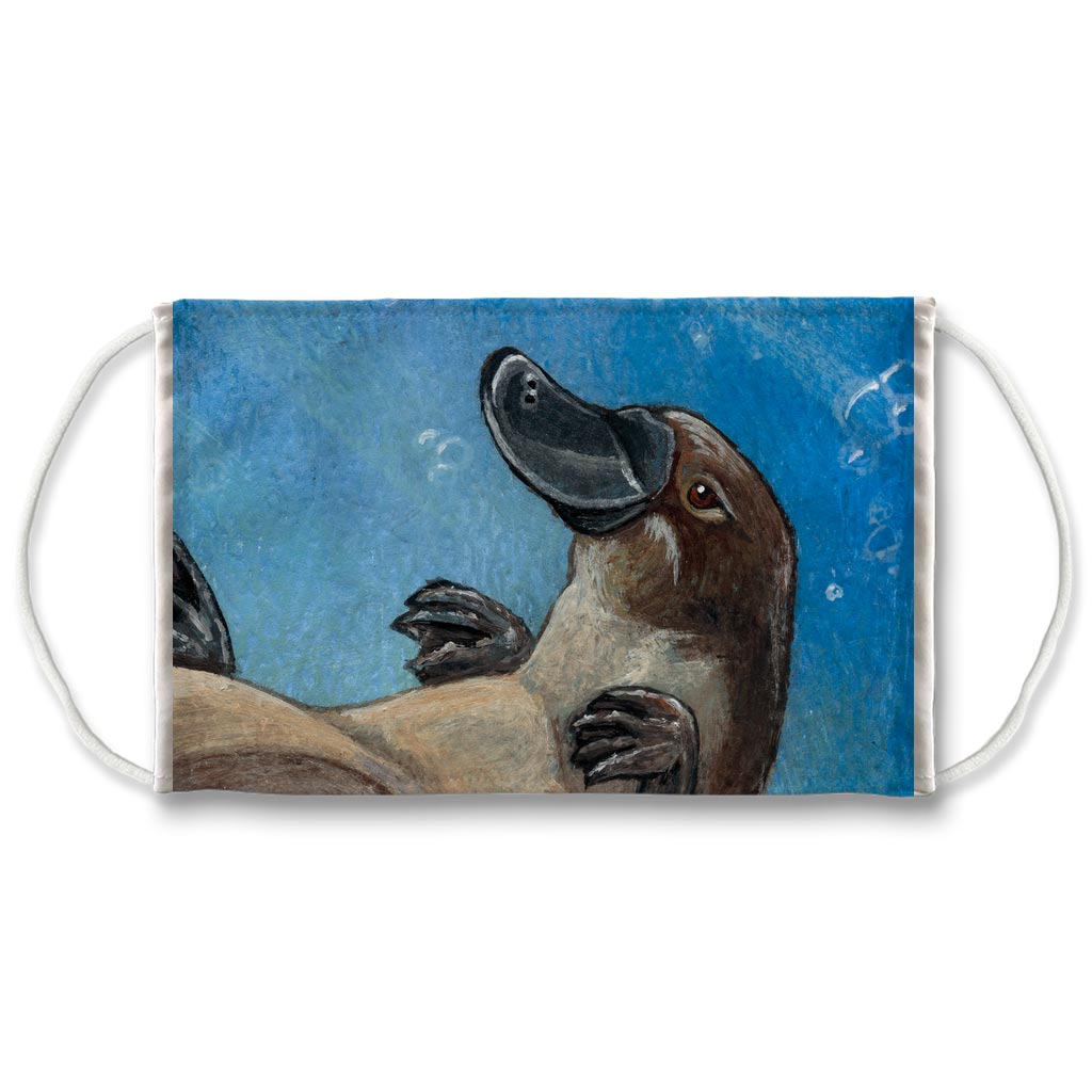 A reusable face mask featuring a platypus swimming underwater. Art is from the Page of Cups from the Animism Tarot