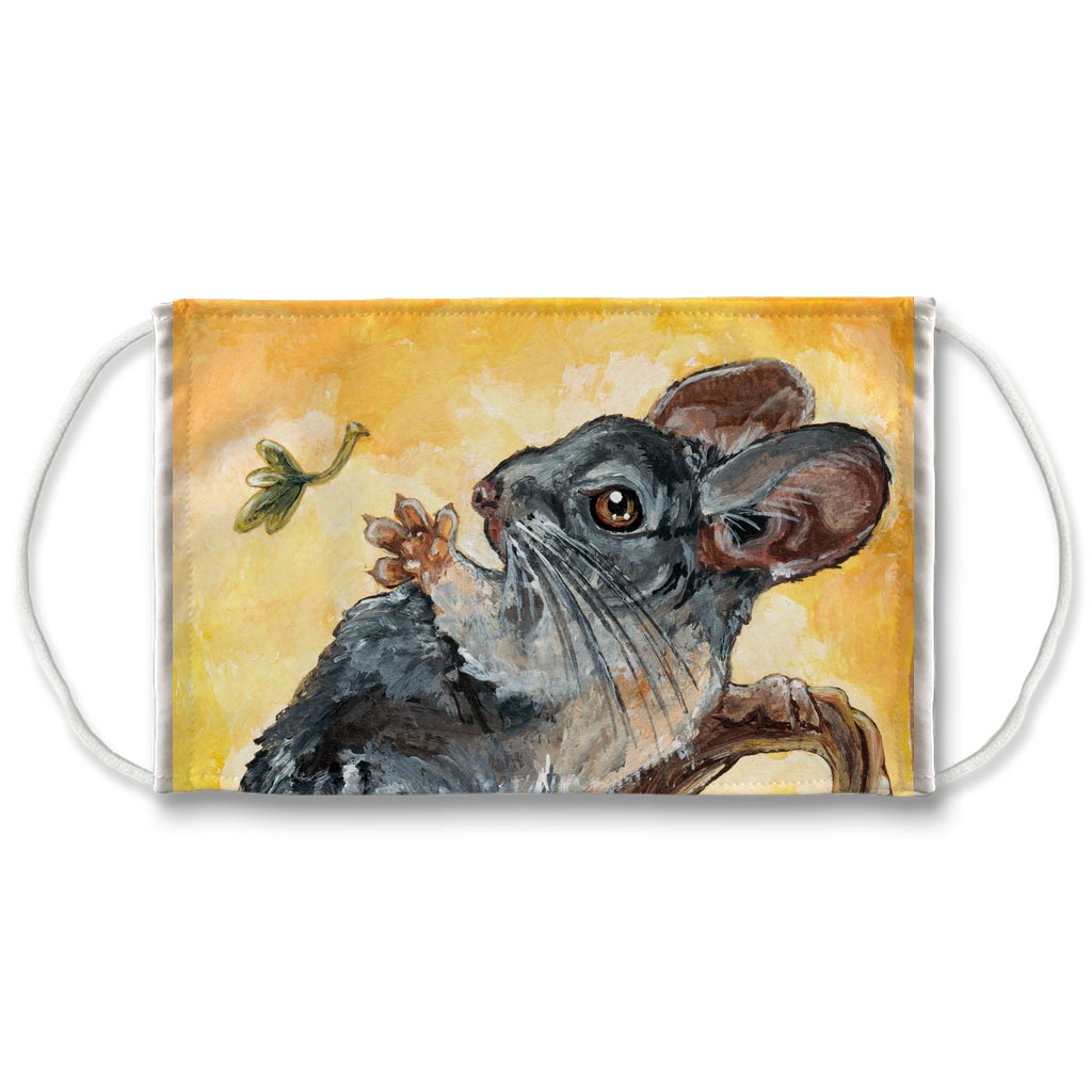 A reusable face mask featuring art of a chinchilla reaching up to a leaf