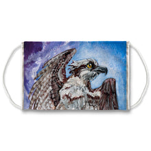 Load image into Gallery viewer, A reusable face mask features artwork of an osprey bird about to take fight, in front of a blue and purple sky. Artwork is from the Queen of Swords card from the Animism Tarot
