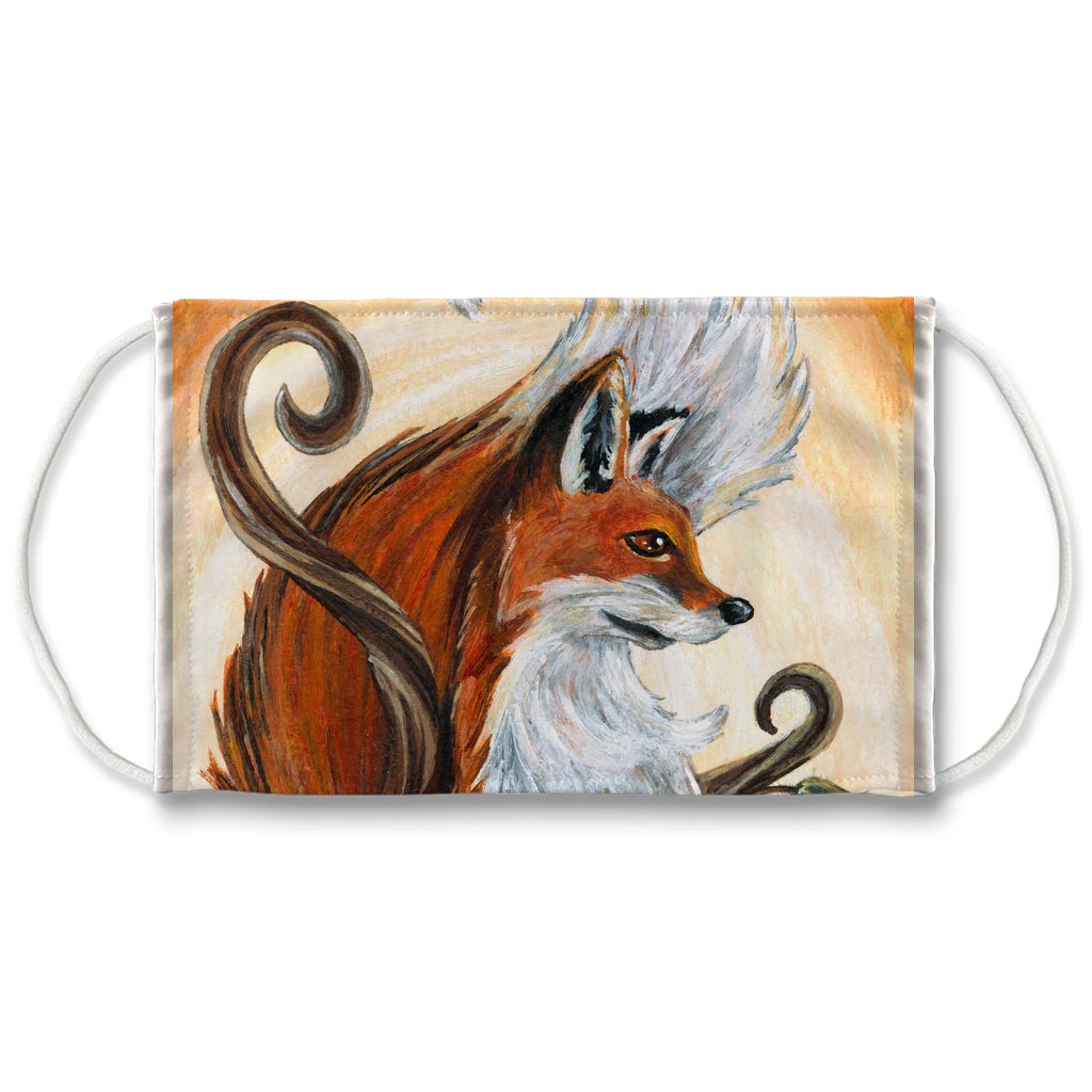 A reusable face mask featuring a red fox. Art is from the Queen of Wands card from the Animism Tarot