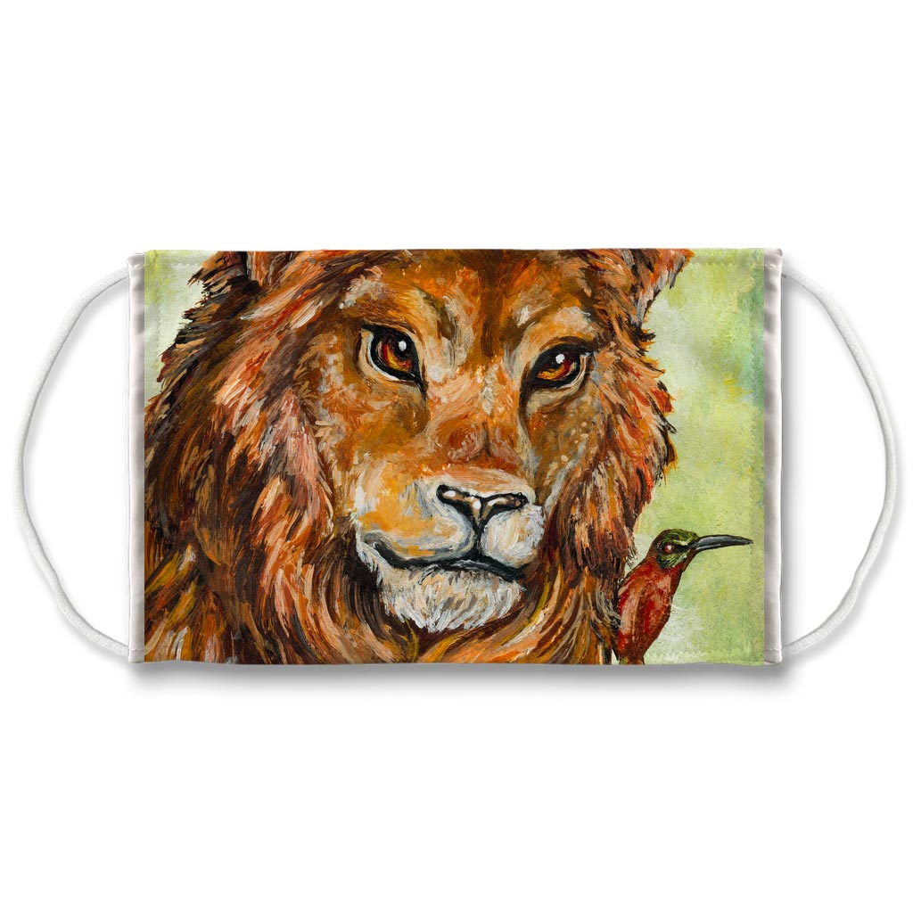 A reusable face mask featuring artwork of a lion and a bee eater bird. Art is from the Animism Tarot deck