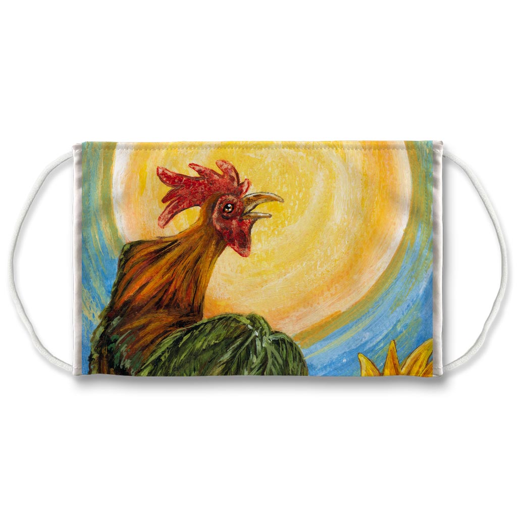 A reusable face mask printed with a rooster crowing in front of the sun. Art is from the Sun card from the Animism Tarot