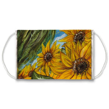 Load image into Gallery viewer, A reusable face mask features art of several sunflowers in bloom. Artwork is from the Sun card from the Animism Tarot
