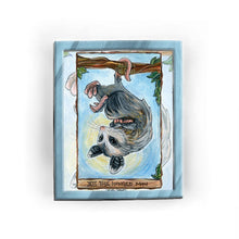 Load image into Gallery viewer, An art print from the Animism Tarot, featuring The Hanged Man Card: a possum hangs upside down from a tree branch
