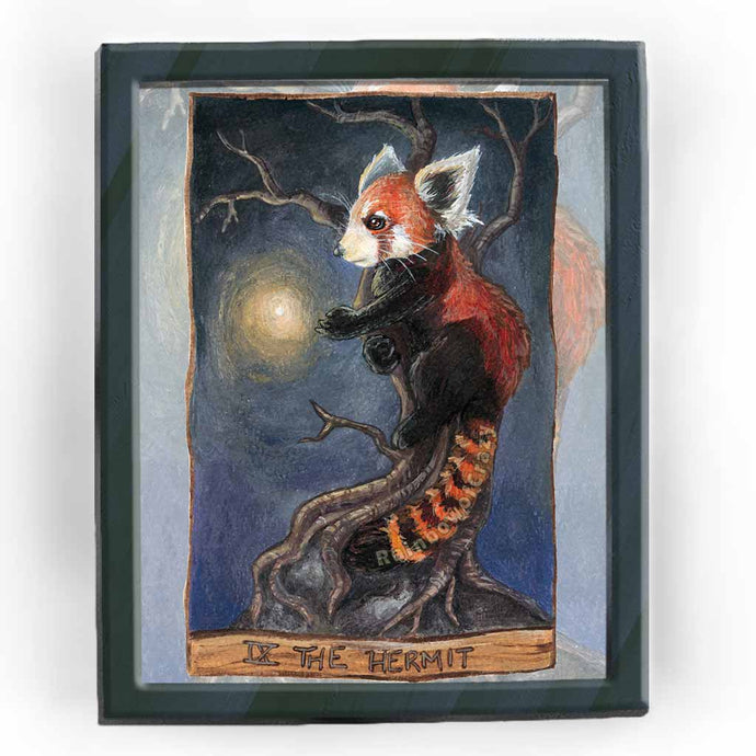 An art print of The Hermit, from the Animism Tarot, which features a red panda on a tree, with one paw reaching out to a bright firefly