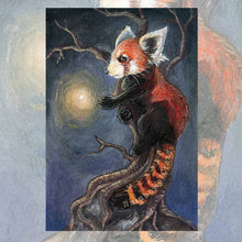 Load image into Gallery viewer, An art print of The Hermit, from the Animism Tarot, which features a red panda on a tree, with one paw reaching out to a bright firefly
