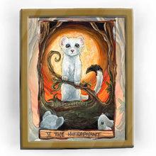 Load image into Gallery viewer, An art print of the Hierophant card from the Animism Tarot. It features a white stoat (weasel or ferret) standing in front of the sun, while other stoats look up.
