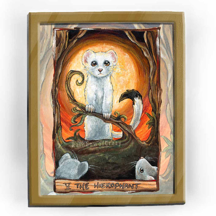 An art print of the Hierophant card from the Animism Tarot. It features a white stoat (weasel or ferret) standing in front of the sun, while other stoats look up.