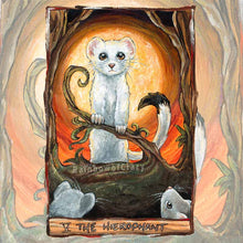 Load image into Gallery viewer, An art print of the Hierophant card from the Animism Tarot. It features a white stoat (weasel or ferret) standing in front of the sun, while other stoats look up.
