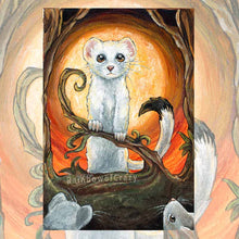 Load image into Gallery viewer, An art print of the Hierophant card from the Animism Tarot. It features a white stoat (weasel or ferret) standing in front of the sun, while other stoats look up.
