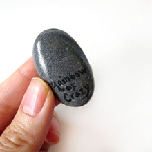 Load image into Gallery viewer, The back of the Australian Shepherd dog portrait stone, signed with &quot;rainbow of crazy&quot;

