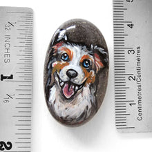 Load image into Gallery viewer, A small rock, hand painted with art of a smiling Australian Shepherd, next to twonrulers to show its size: 1 9/16&quot; x 15/16&quot; or 4 cm x 2.4 cm
