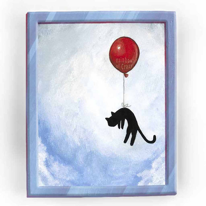 an art print with an illustration of a silhouette of a black cat, attached by the waiste to a big red balloon, as it floats through a blue cloudy sky