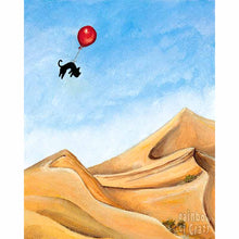 Load image into Gallery viewer, An art print with an illustration of a black cat floating with a red balloon, soaring over the Sarah desert
