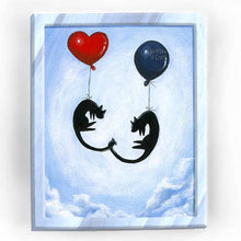 Load image into Gallery viewer, An art print featuring an illustration of two black cats, floating in the sky, one with a red heart balloon, the other with a navy blue balloon, tails intertwined.
