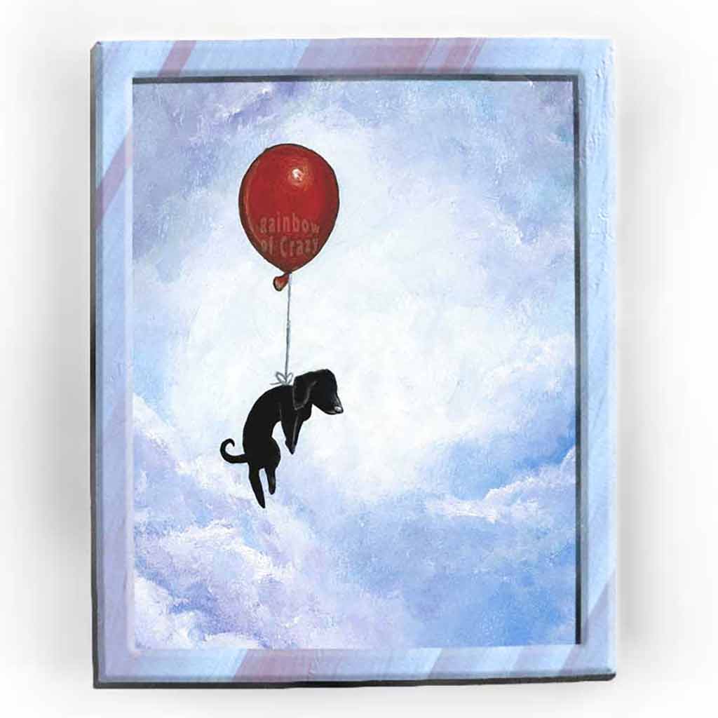 an art print featuring an illustration of a black dachshund dog, floating through a cloudy blue sky, with the help of a single red balloon.