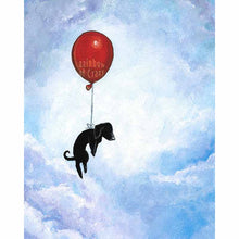 Load image into Gallery viewer, an art print featuring an illustration of a black dachshund dog, floating through a cloudy blue sky, with the help of a single red balloon.
