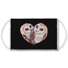 Load image into Gallery viewer, A black reuseabe face mask is printed with an illustration of two barn owls curled up together, forming the shape of a heart
