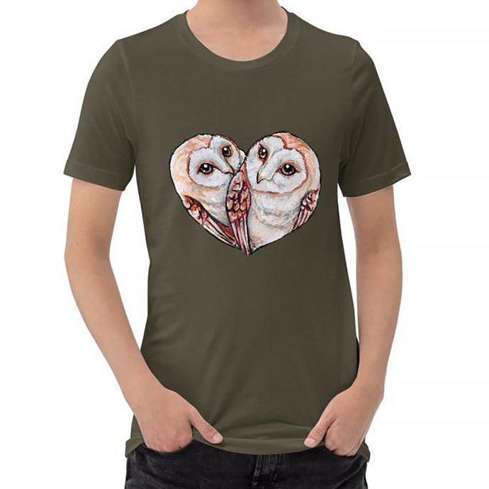 A man wearing the Barn Owl Love Premium Unisex T-Shirt in army brown, includes art of two barn owls forming the shape of a heart.