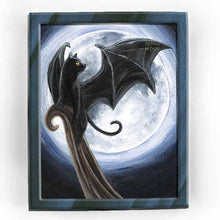 Load image into Gallery viewer, an art print with an illustration of a black cat, with bat wings, perched on a cliff, in front of a full moon
