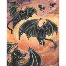 Load image into Gallery viewer, This art print features 5 black cats with giant bat wings, soaring through the cloudy orange sky
