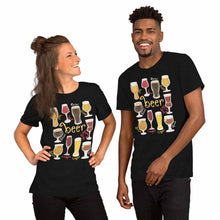 Load image into Gallery viewer, A woman and man wearing the Beer Lovers Premium T-shirt in the colour black, which is printed with an illustration of 10 different styles of beers.
