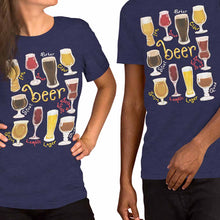 Load image into Gallery viewer, A woman and man wearing the Beer Lovers Premium T-shirt in the colour heather midnight navy, which is printed with an illustration of 10 different styles of beers.
