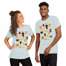 Load image into Gallery viewer, A woman and man wearing the Beer Lovers Unisex T-shirt in the colour heather prism ice blue, which is printed with an illustration of 10 different styles of beers.
