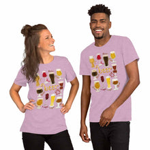 Load image into Gallery viewer, A woman and man wearing the Beer Lovers Premium T-shirt in the colour heather prism lilac purple, which is printed with an illustration of 10 different styles of beers.
