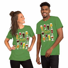 Load image into Gallery viewer, A woman and man wearing the Beer Lovers Premium T-shirt in the colour leaf green, which is printed with an illustration of 10 different styles of beers.
