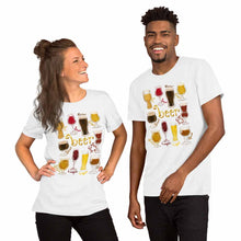 Load image into Gallery viewer, A woman and man wearing the Beer Lovers Premium T-shirt in the colour white, which is printed with an illustration of 10 different styles of beers.
