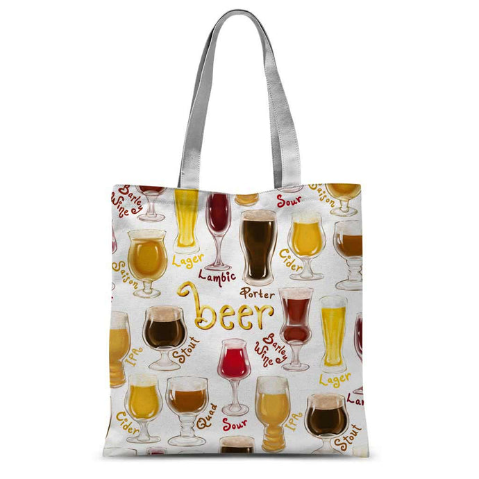 A white tote bag, printed with the word, 