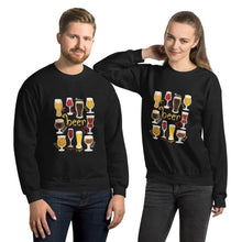 Load image into Gallery viewer, A man and woman wearing the Beer Lovers Unisex Sweatshirt in the colour black, featuring a print of 10 styles of beer in 10 different glasses
