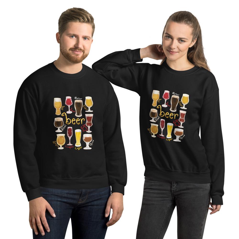 A man and woman wearing the Beer Lovers Unisex Sweatshirt in the colour black, featuring a print of 10 styles of beer in 10 different glasses