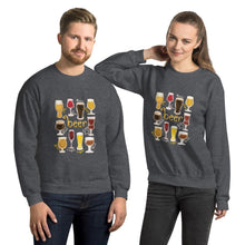 Load image into Gallery viewer, A man and woman wearing the Beer Lovers Unisex Sweatshirt in the colour dark heather grey, featuring a print of 10 styles of beer in 10 different glasses

