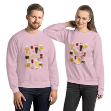Load image into Gallery viewer, A man and woman wearing the Beer Lovers Unisex Sweatshirt in the colour light pink, featuring a graphic of 10 styles of beer in 10 different glasses
