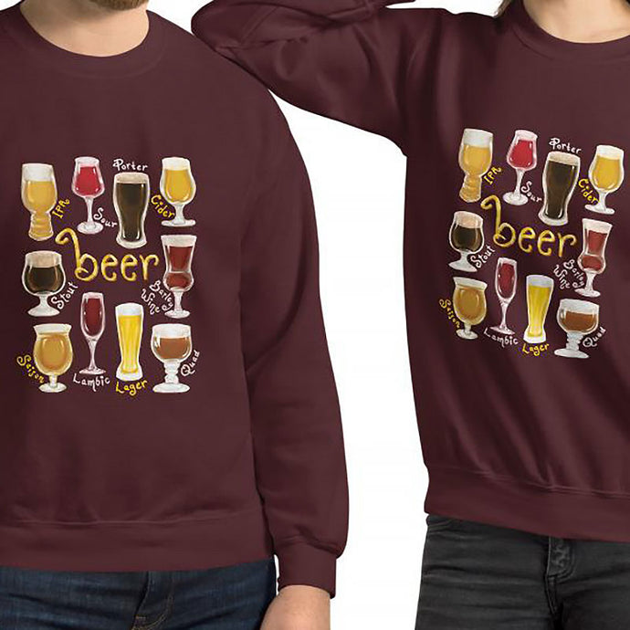 A man and woman wearing the Beer Lovers Unisex Sweatshirt in the colour maroon, featuring a graphic of 10 styles of beer in 10 different glasses