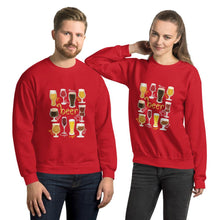 Load image into Gallery viewer, A man and woman wearing the Beer Lovers Unisex Sweatshirt in the colour red, featuring an image of 10 styles of beer in 10 different glasses
