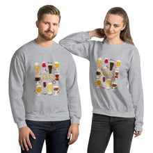 Load image into Gallery viewer, A man and woman wearing the Beer Lovers Unisex Sweatshirt in the colour sport grey, featuring an image of 10 styles of beer in 10 different glasses

