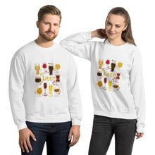 Load image into Gallery viewer, A man and woman wearing the Beer Lovers Unisex Sweatshirt in the colour white, featuring an illustration of 10 styles of beer in 10 different glasses
