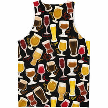 Load image into Gallery viewer, the Beer Lovers Unisex Tank Top in black, which features an assortment of 10 beers printed all over the fabric.
