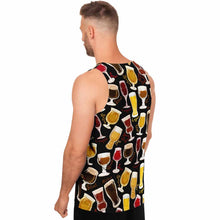 Load image into Gallery viewer, a man wearing the Beer Lovers Unisex Tank Top in black, which features an assortment of 10 beers printed all over the fabric.
