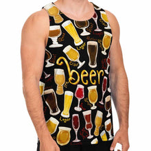 Load image into Gallery viewer, a man wearing the Beer Lovers Unisex Tank Top in black, which features an assortment of 10 beers printed all over the fabric.
