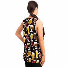 Load image into Gallery viewer, a woman wearing the Beer Lovers Unisex Tank Top in black, which features an assortment of 10 beers printed all over the fabric.
